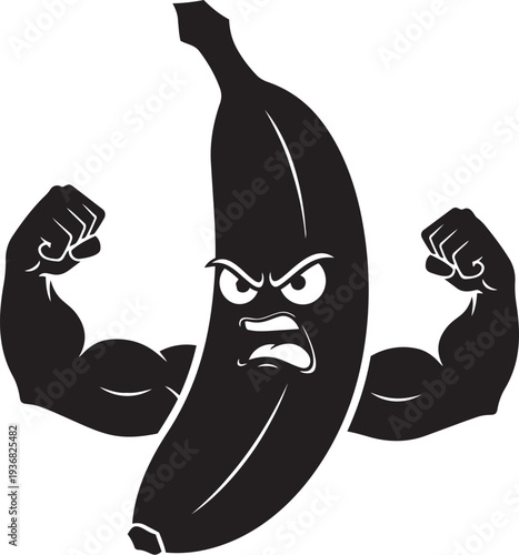 An anthropomorphic banana displays strength with a fierce determined expression