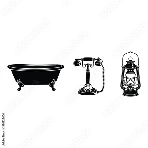 Vintage bathroom items including bathtub, telephone, and lantern isolated on white background