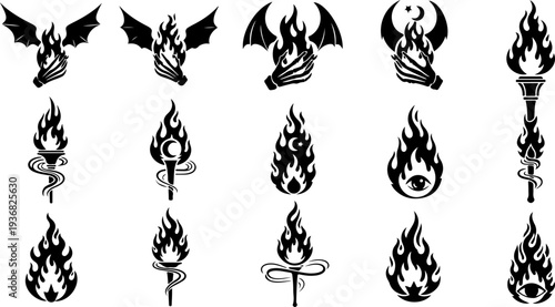 Mystic Sacred Symbol and Flame Eye Black Silhouette Vector Set