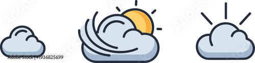 Simple cloud icons representing weather changes from clear to windy and sunny conditions