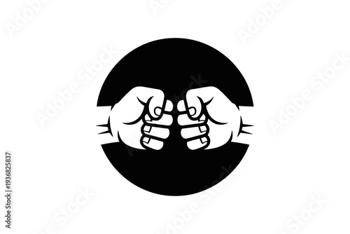 A clenched fist icon illustration in black and white circular shape