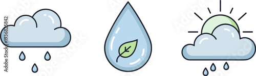 Set of weather icons: rain cloud, water drop with leaf, and sun behind a rainy cloud