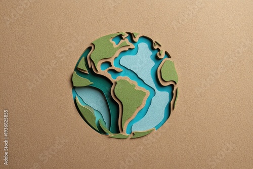 Papercraft globe shows continents and oceans, layered on tan background
