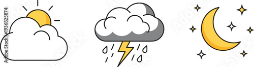 Simple icons representing sunny day, stormy weather, and clear night sky
