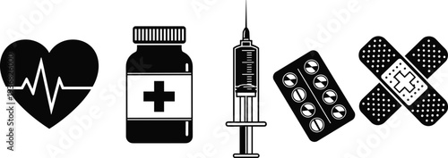 Black Medical Icon Set Featuring Heartbeat Pulse Medicine Bottle Syringe Pill Blister Pack and Bandage Symbols for Healthcare and Pharmacy Branding