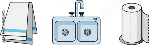 Kitchen cleaning essentials: double sink, folded towel, and paper towel roll