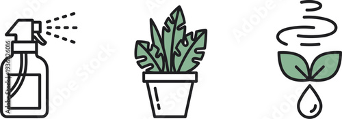 Set of icons representing plant care: spraying, potted plant, and watering with a drop