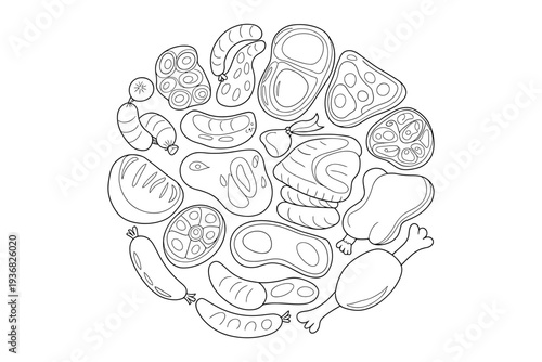Meat vector illustration of various cuts and sausages in a circular pattern