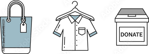 Donation icons: shopping bag, shirt on hanger, and donation box