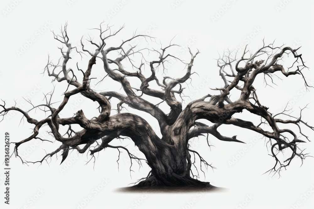 Fototapeta premium Gnarly bare branches of a spooky withered oak tree creating an eerie mood
