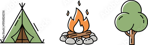Simple camping icons: tent, campfire, and tree on a white background