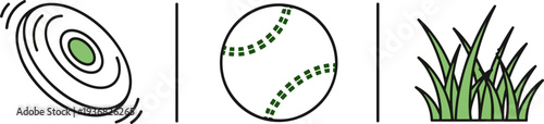 Simple icons of a frisbee, baseball, and grass arranged in a row on a white background