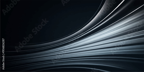 A dark blue and black and white abstract background features fluid wave patterns with artistic light lines and futuristic motion curves for a modern business wallpaper illustration