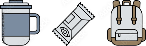 Backpack, thermos mug, and snack bar icons for outdoor adventure and travel