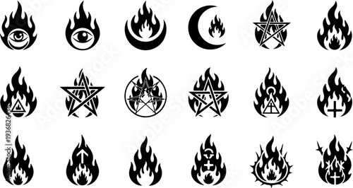 Occult Mystic Symbols and Sacred Flame Eye Black Vector Icon Set