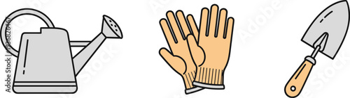 Gardening tools including a watering can, gloves, and trowel on a white background