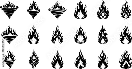 Occult Mystic Symbols and Sacred Flame Eye Black Vector Icon Set