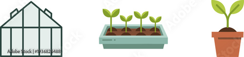 Greenhouse, seedling tray, and potted plant icons representing plant growth stages
