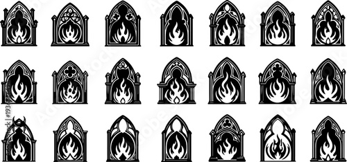 Occult Mystic Symbols and Sacred Flame Eye Black Vector Icon Set