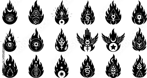 Occult Mystic Symbols and Sacred Flame Eye Black Vector Icon Set
