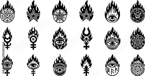 Occult Mystic Symbols and Sacred Flame Eye Black Vector Icon Set