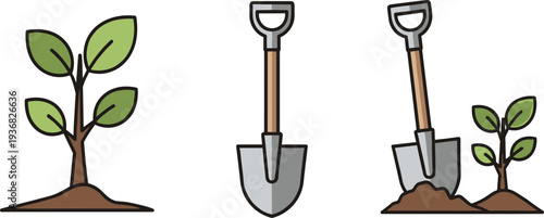 Gardening tools and young plants illustration, symbolizing growth and cultivation