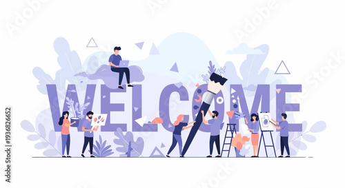 People Assembling Large Welcome Sign Together.