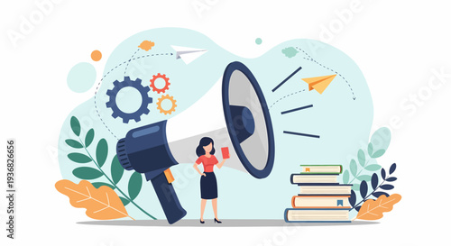 Woman Holding Megaphone Loudspeaker Announcement.