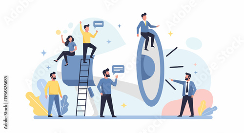 Teamwork and Collaboration Around Large Magnifying Glass.