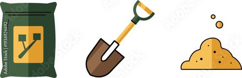 Bag of fertilizer, shovel, and pile of soil for gardening and landscaping projects