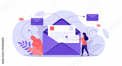 Woman Sending Email with Envelope and Notifications.
