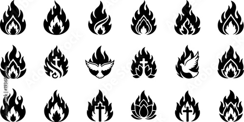 Occult Mystic Symbols and Sacred Flame Eye Black Vector Icon Set