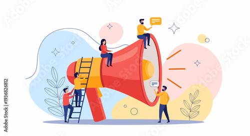 People Working Together on Large Megaphone.