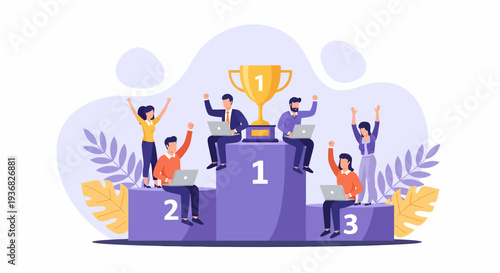 Winners Celebrating on Podium with Trophy.