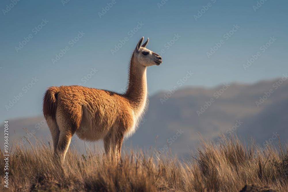 Fototapeta premium Serene wildlife portrait of a llama in a quiet countryside setting