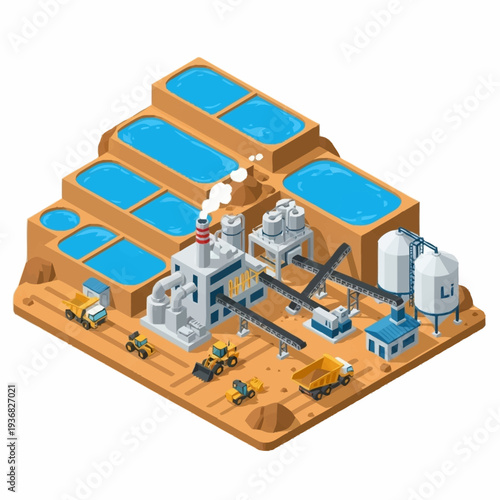 Isometric Industrial Water Treatment Plant with Reservoirs and Heavy Machinery.