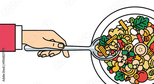 Hand holding spoon with colorful pasta salad.