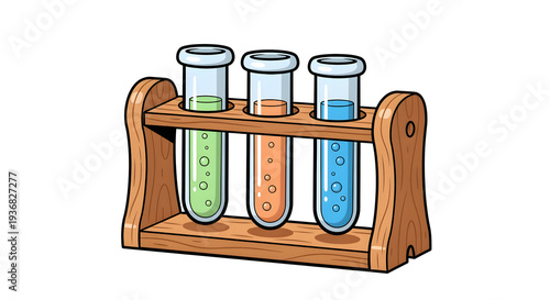 Colorful test tubes on a wooden rack
