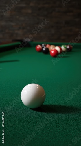 Wallpaper Mural Close-up of White Cue Ball Rolling Toward Pocket on Billiard Table in Game Setup Torontodigital.ca