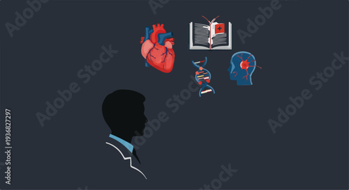 Silhouette of a man thinking about medical science, research, human heart, DNA, and brain concepts
