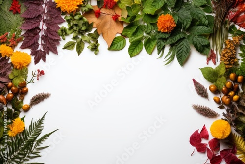Autumn foliage, berries, and blossoms forming a colorful frame on white background