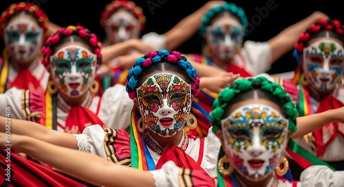 Mexican Dancers in Traditional Masks Performing Cultural Dance.