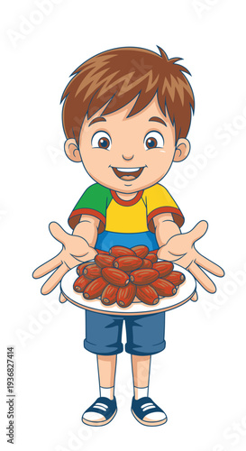 Cartoon Boy Holding Plate of Strawberries.