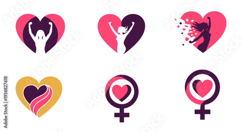 Empowerment Heart Icons: Woman Silhouette, Female Symbol, Strength, Freedom