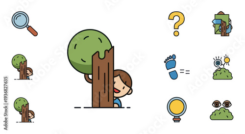 Cute Cartoon Characters Hide and Seek Game Icons Set