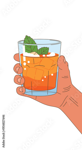 Hand Holding Glass of Iced Drink.