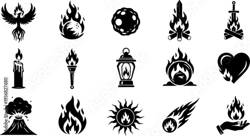 Occult Mystic Symbols and Sacred Flame Eye Black Vector Icon Set