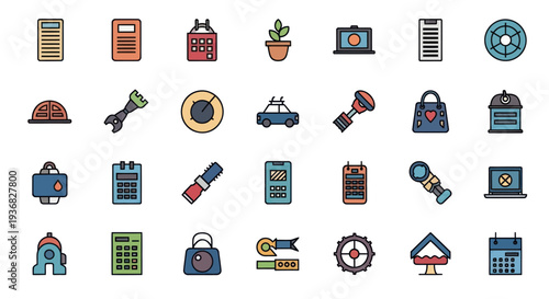 Diverse Flat Icons Set: Tools, Objects, Technology, and Symbols