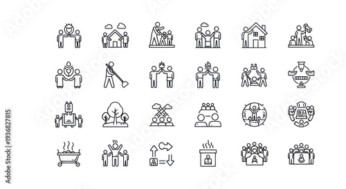 Diverse Business and Family Icons: Teamwork, Housing, and Community Concepts