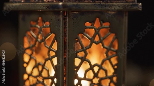 Ornate metal lanterns with intricate cutouts glowing softly in a dark environment close-up view